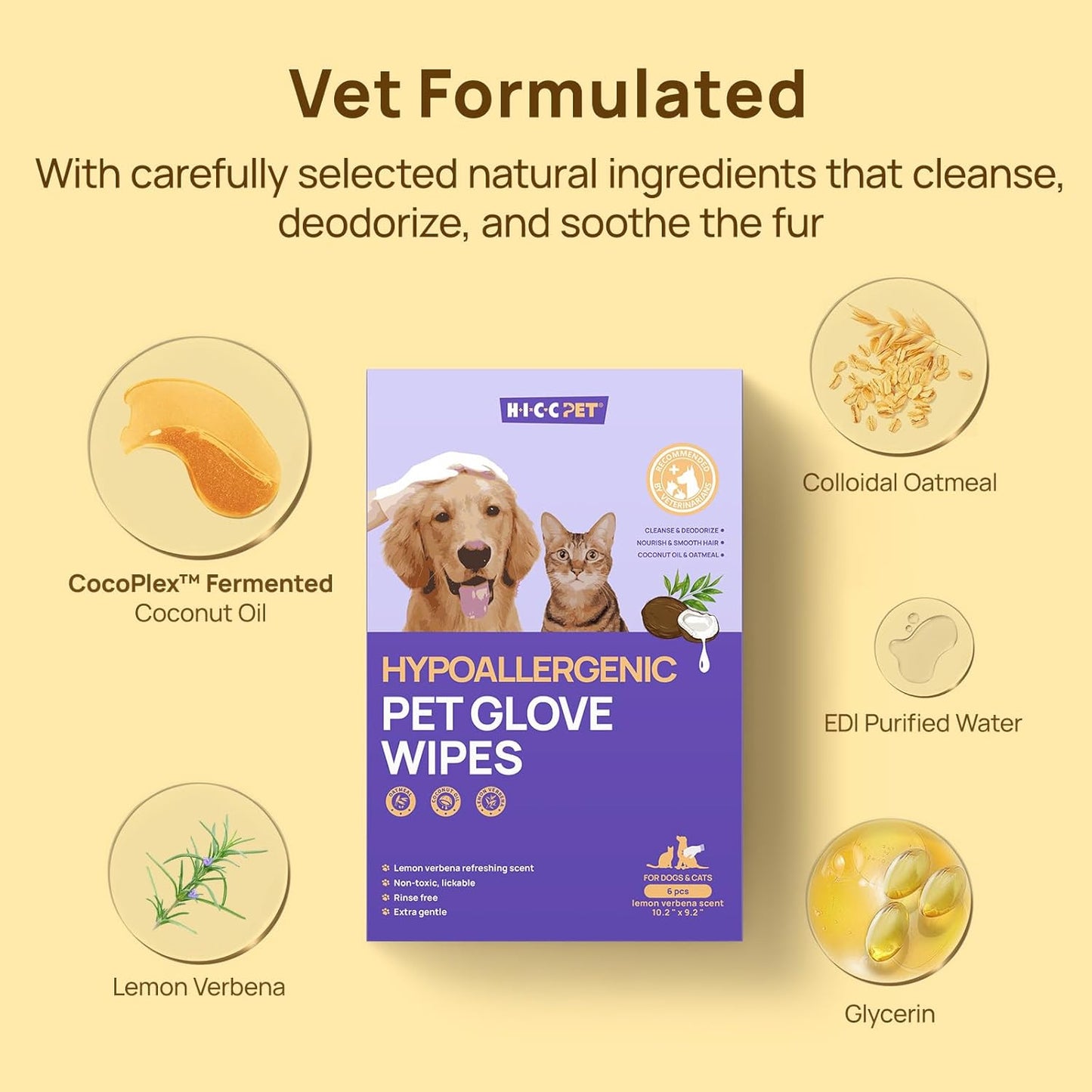 HICC PET Cleaning Deodorizing Glove Wipes for Dogs & Cats, Vet Recommended Hypoallergenic
