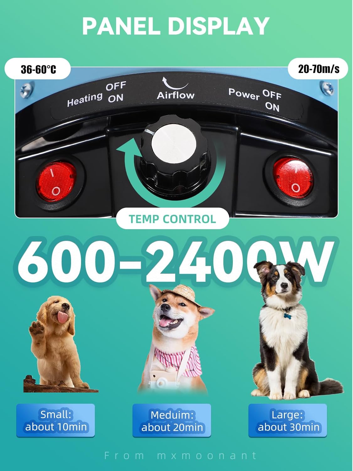Mxmoonant 2400W 3.2HP Dog Dryer Pets Hair Dryer Stepless Speed Temp Adjustable High Velocity Dog Cat Hair Blower (Blue UK Plug)