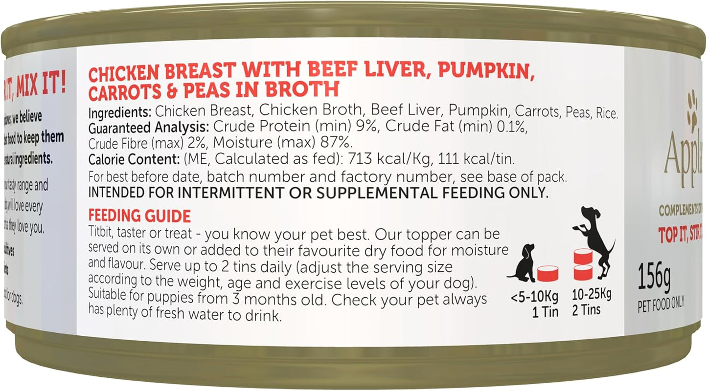 Applaws Taste Toppers 100% Natural Wet Dog Food Chicken Breast with Beef Liver & Vegetables in Broth Tin 156g (Pack of 16), Limited Ingredients Pet Food