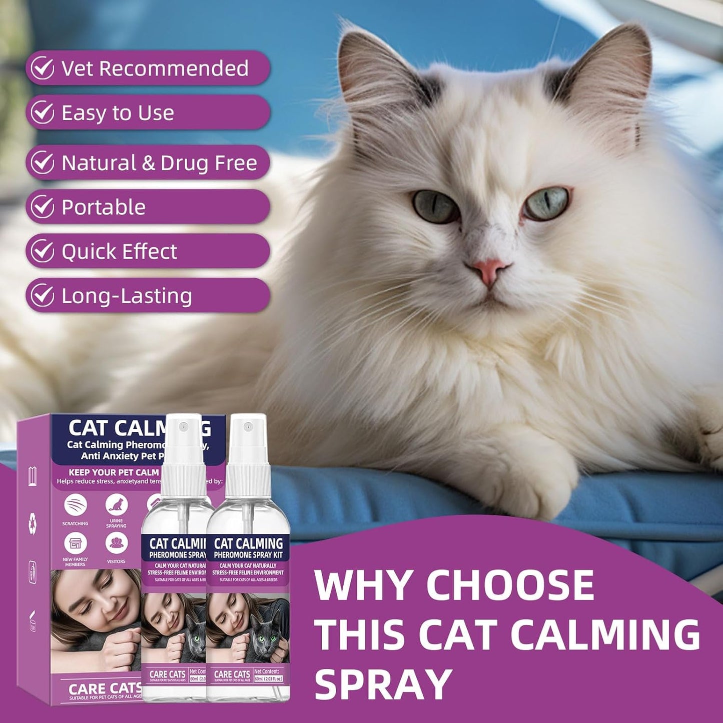 Cat Calming Pheromone Spray Kit Feline Calm Pheromones Vet Recommended Drug-Free,Drug-Free (2 * 60 mL)