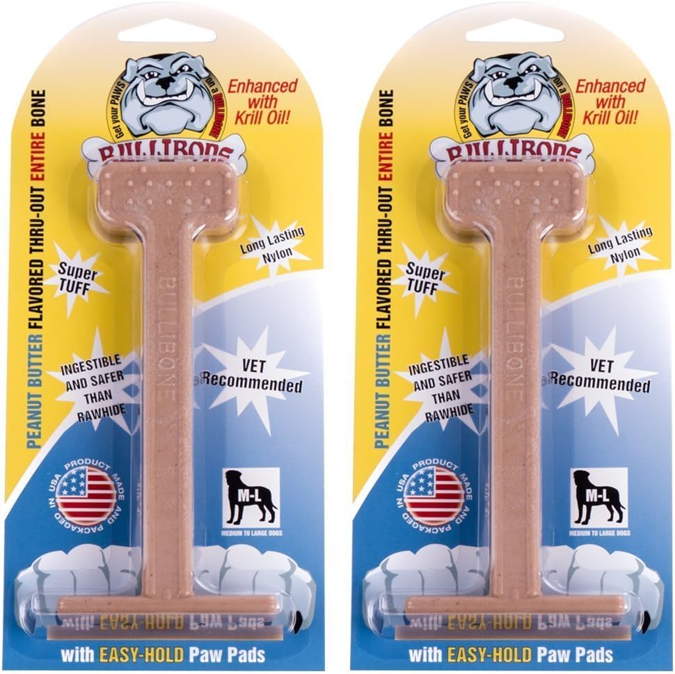 Bullibone Nylon Dog Chew Toy Nylon Bone - Improves Dental Hygiene, Easy to Grip Bottom, and Permeated with Flavor (Peanut Butter, Large - 2 Pack)
