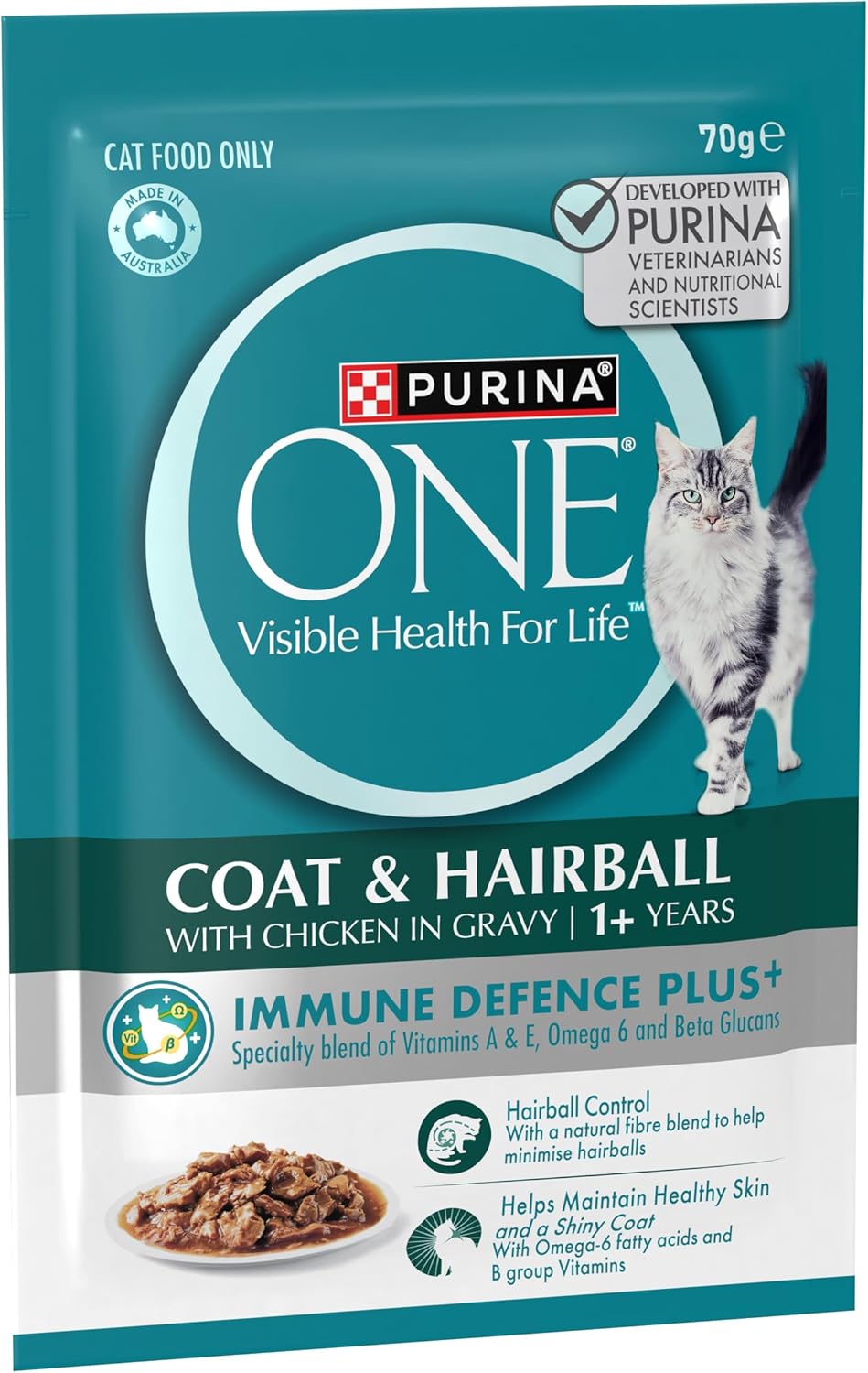 PURINA ONE Adult Wet Cat Food Coat and Hairball with Chicken in Gravy Pouch 12x70g