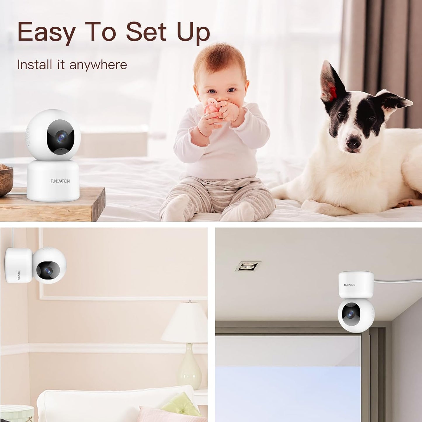 3MP Indoor Security Camera, 360° PTZ 2.4G WiFi Only Cameras for Home Security