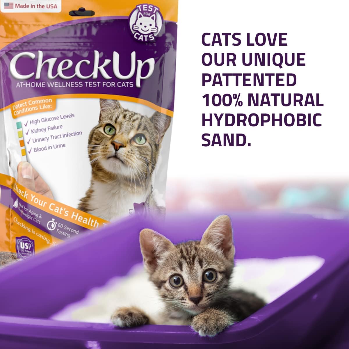 CheckUp at Home Wellness Test Kit for Cats | 2lb Hydrophobic Litter for Urine Collection, 2 Test Strips