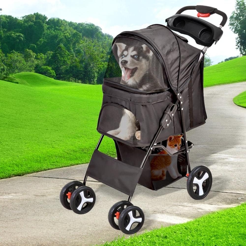 PaWz 4 Wheels Pet Stroller Dog Cat Cage Puppy Pushchair Travel Walk Carrier Pram Black