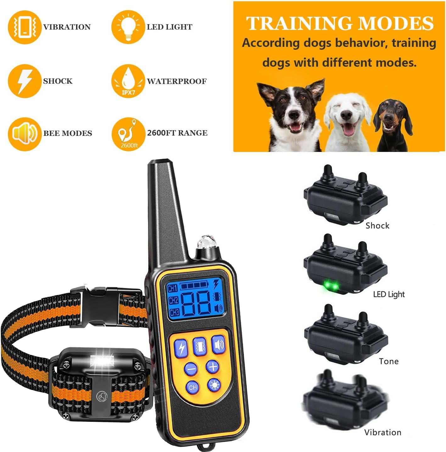 Dog Shock Collar with Remote, Dog Training Electric Collar, Waterproof Rechargeable