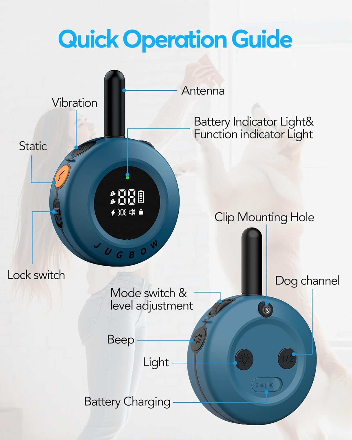 Jugbow Dog Training Collar - 3/4 Mile Remote Dog Collar with 3 Training Modes, Electric Collars with LED Light & Security Lock, IPX8 Waterproof Rechargeable E-Collar for Large Medium Small Dogs (Blue)