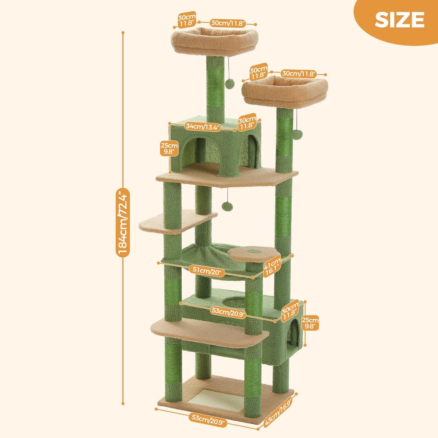 PAWZ Road 184cm Cat Tree with Sisal-Covered Scratching Posts and Pads, Cat Tower for Large Cats with Spacious Hammock, Dual Condos and 2 Padded Perches Green