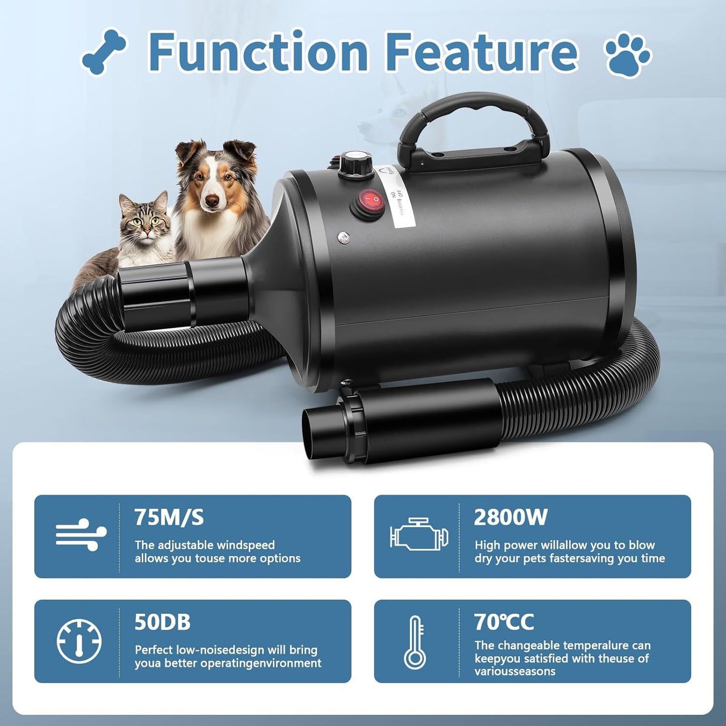 Dog Blower, Hair Dryer for Dogs 2800W, Hair Dryer Dogs Adjustable Speed and Temperature