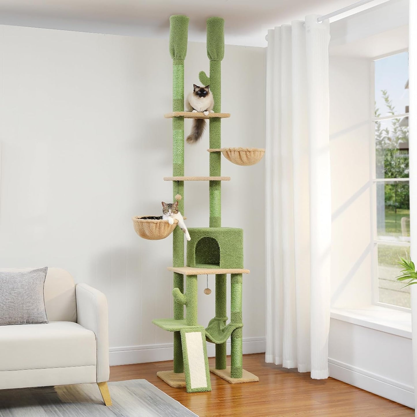 PAWZ Road Cactus Cat Tree Floor to Ceiling Tower with Adjustable Height(216-285cm), 7 Tiers Climbing Activity Center Cozy Hammocks, 5 Platforms and Scratching Posts for Indoor Cats, Green