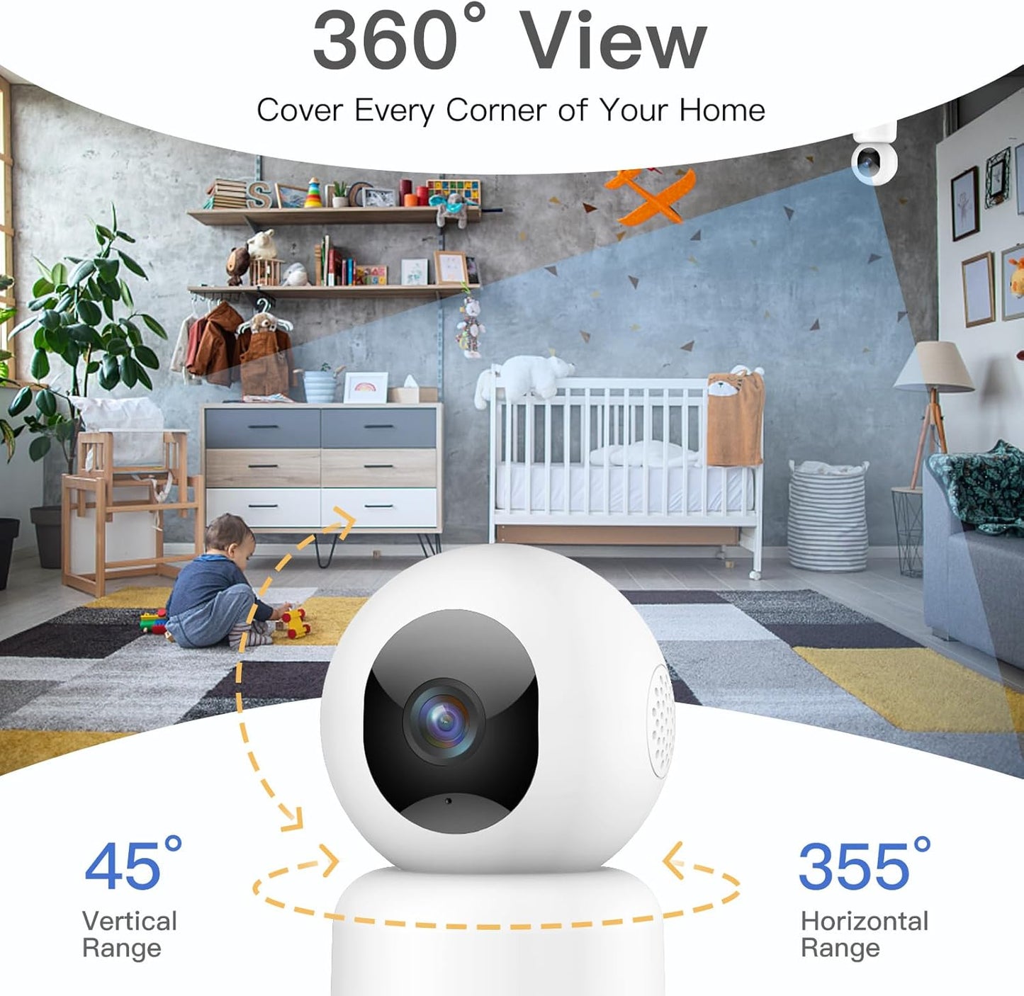 3MP Indoor Security Camera, 360° PTZ 2.4G WiFi Only Cameras for Home Security