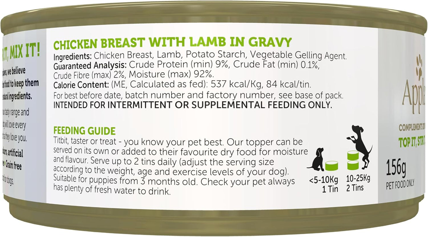 Applaws Taste Toppers 100% Natural Wet Dog Food Chicken Breast with Lamb in Gravy Tin 156g (Pack of 16), Limited Ingredients Pet Food