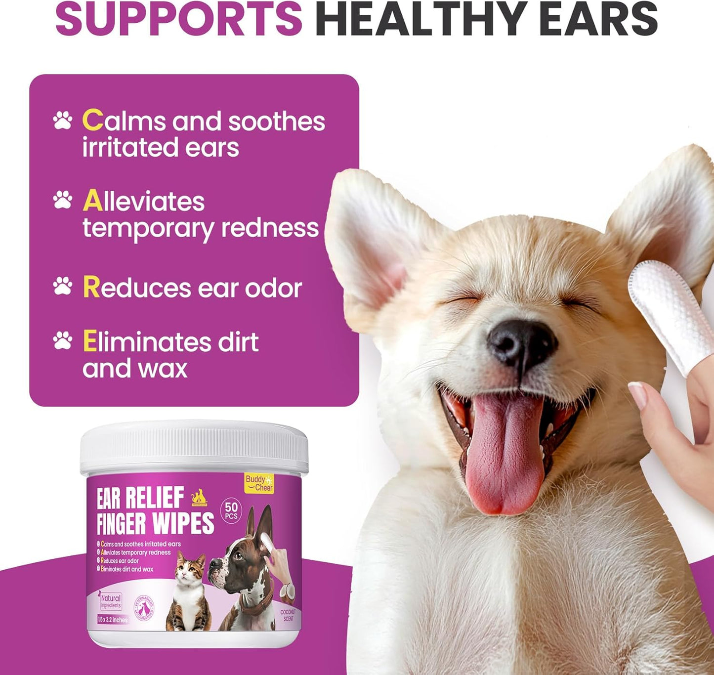 Pet Ear Cleaning Finger Wipes for Dogs & Cats - Dog Ear Cleaner with Aloe, Coconut Oil & Ginseng - Finger Dog Ear Wipes to Relieve Ear Itching, Infections, Wax & Smelly Ears - 50 Ct - Coconut Scent