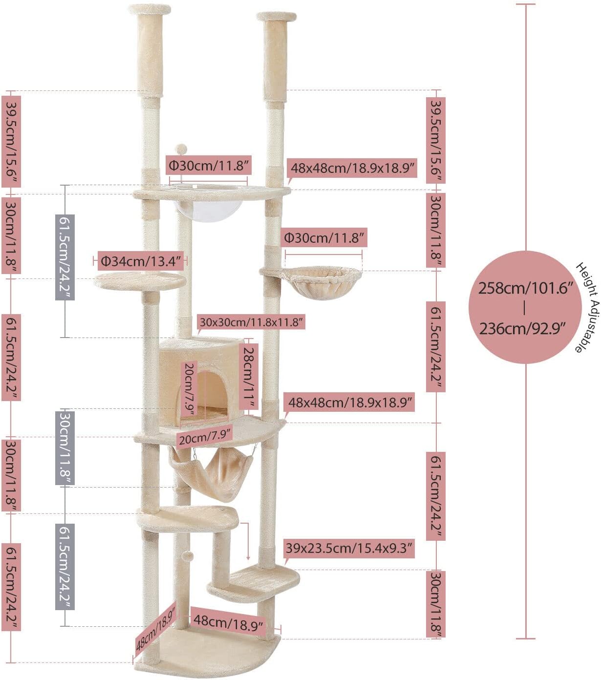 PAWZ Road Large Cat Tree Floor to Ceiling Cat Tower with a Cozy Condo, 6-Tier Cat Climbing Activity Center with Perch and Hammock for Adult Cats Beige
