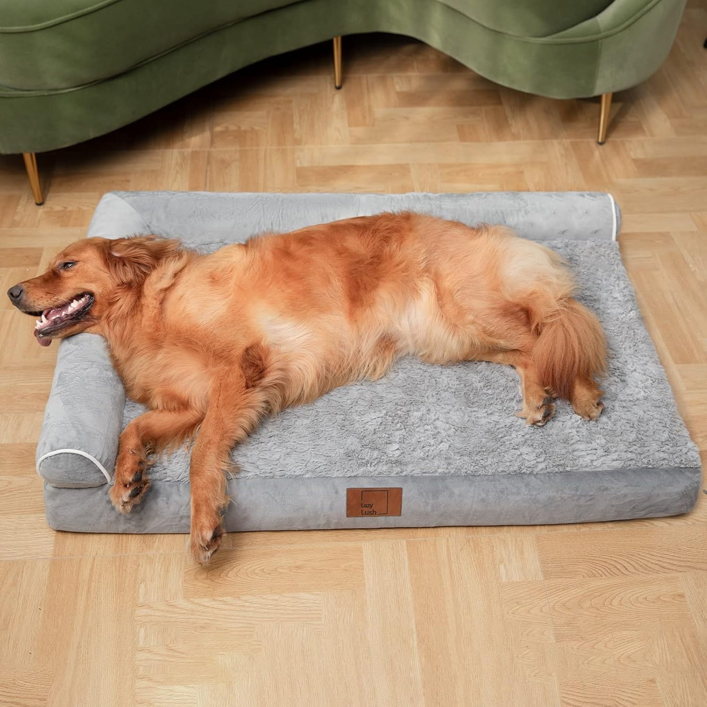 Lazy Lush Bolster Dog Bed for Extra Large Dogs, Memory Foam Orthopedic L-Shape