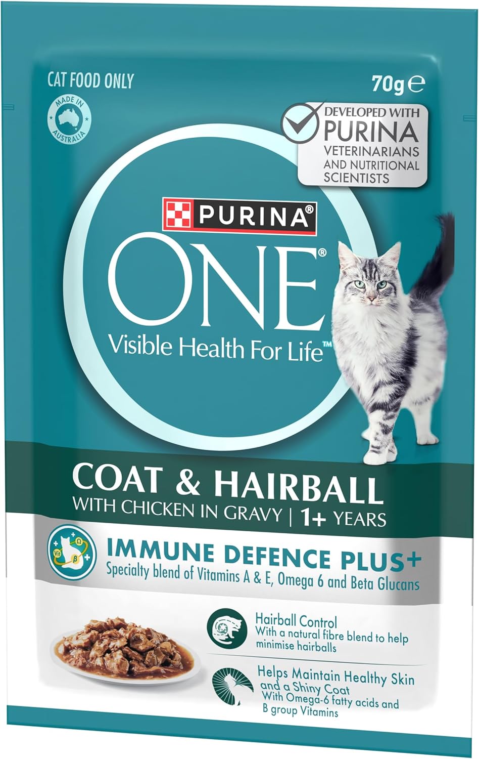 PURINA ONE Adult Wet Cat Food Coat and Hairball with Chicken in Gravy Pouch 12x70g