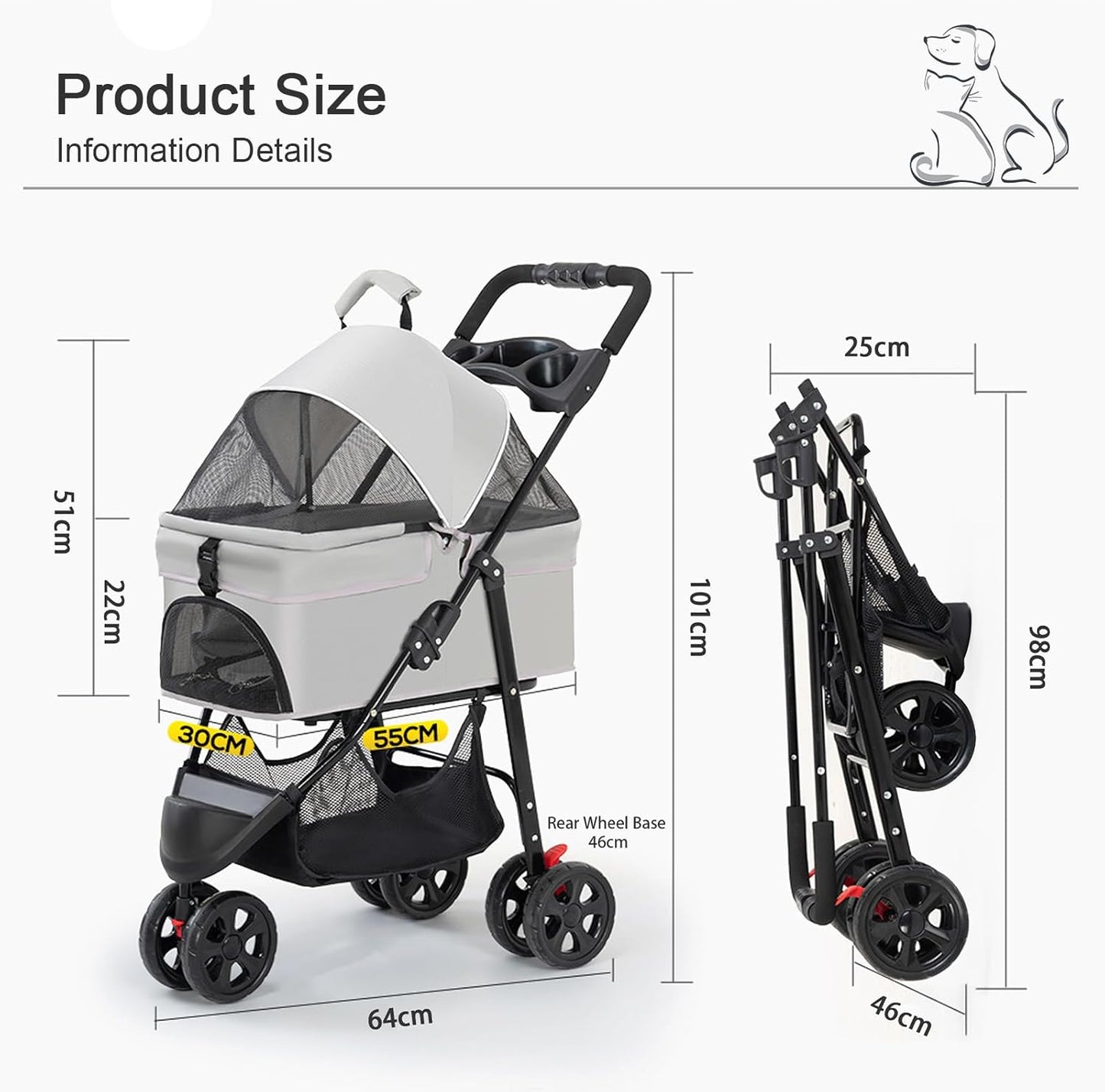 Pet Stroller with Wheels, Dog Stroller for Small Medium Dogs Cats