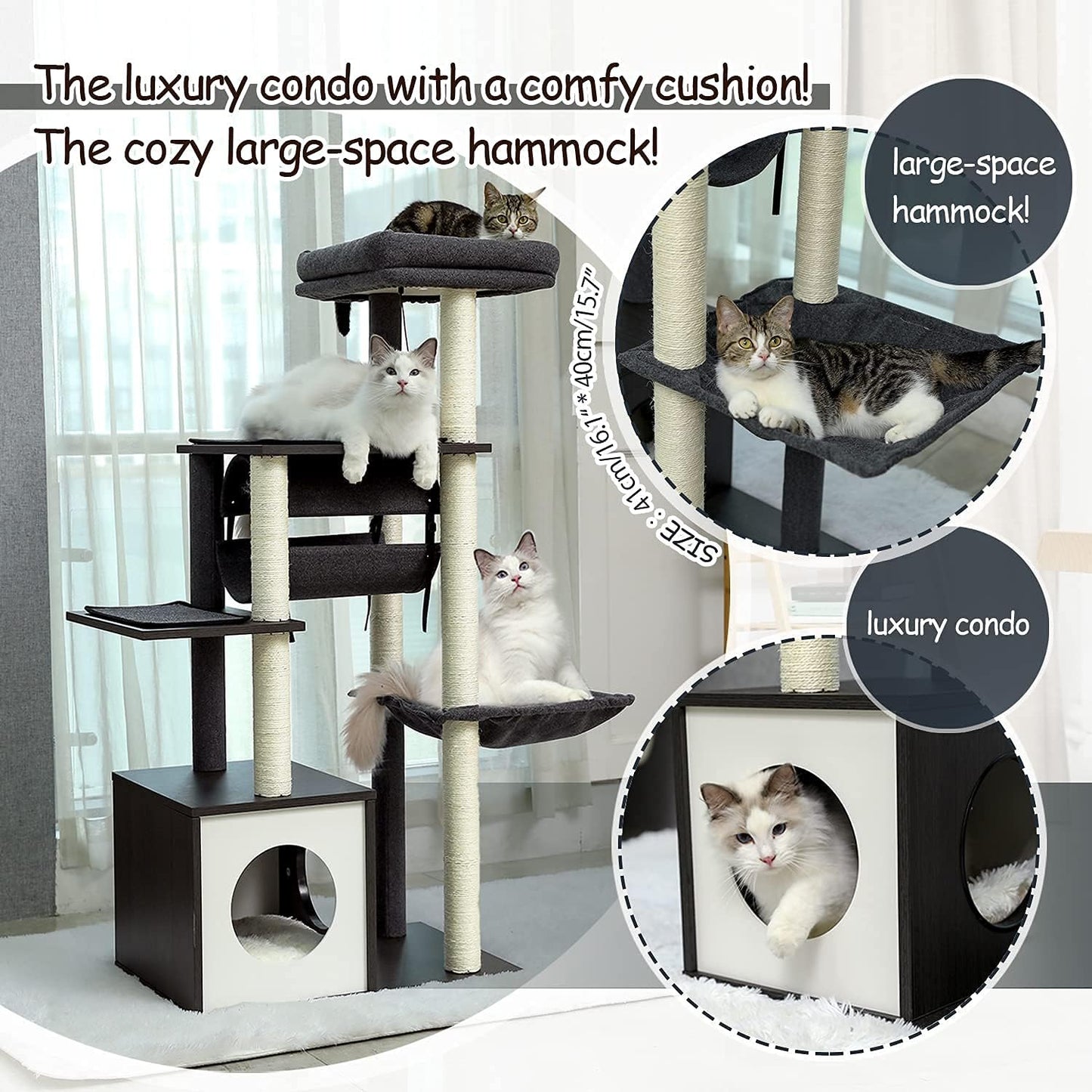 PAWZ Road Cat Tree Cat Scratching Post with a Large Hammock Play Tower, Play Tunnel Wooden Furniture Cat Stand 130cm Grey
