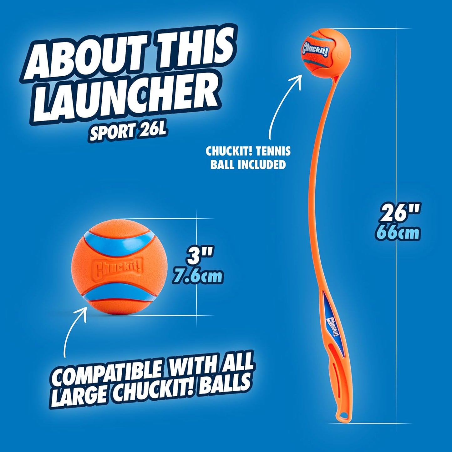ChuckIt! Sport 26L Dog Ball Launcher, 26" Length, Includes Large Ball (3") for Dogs 60-100 Pounds