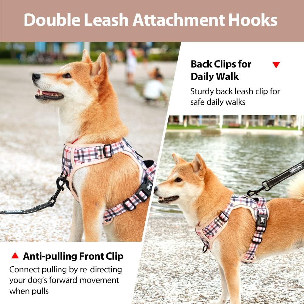 PoyPet No Pull Dog Harness, No Choke Reflective Oxford Outdoor Vest (Checkered Beige,S)