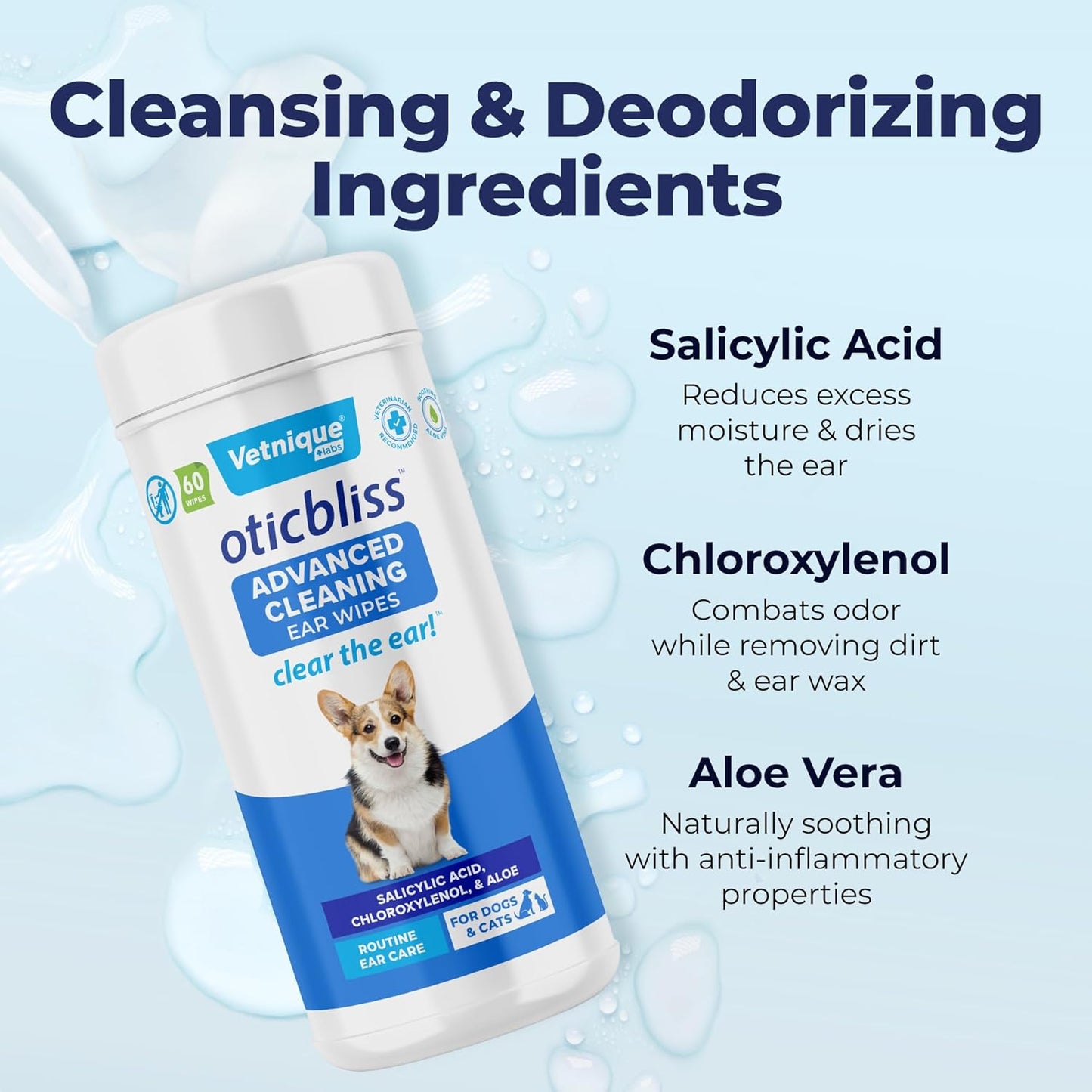Vetnique Oticbliss Advanced Cleaning Ear Wipes for Dogs for Odor Control (Ear Cleaning Wipes, Advanced Cleaning Large)