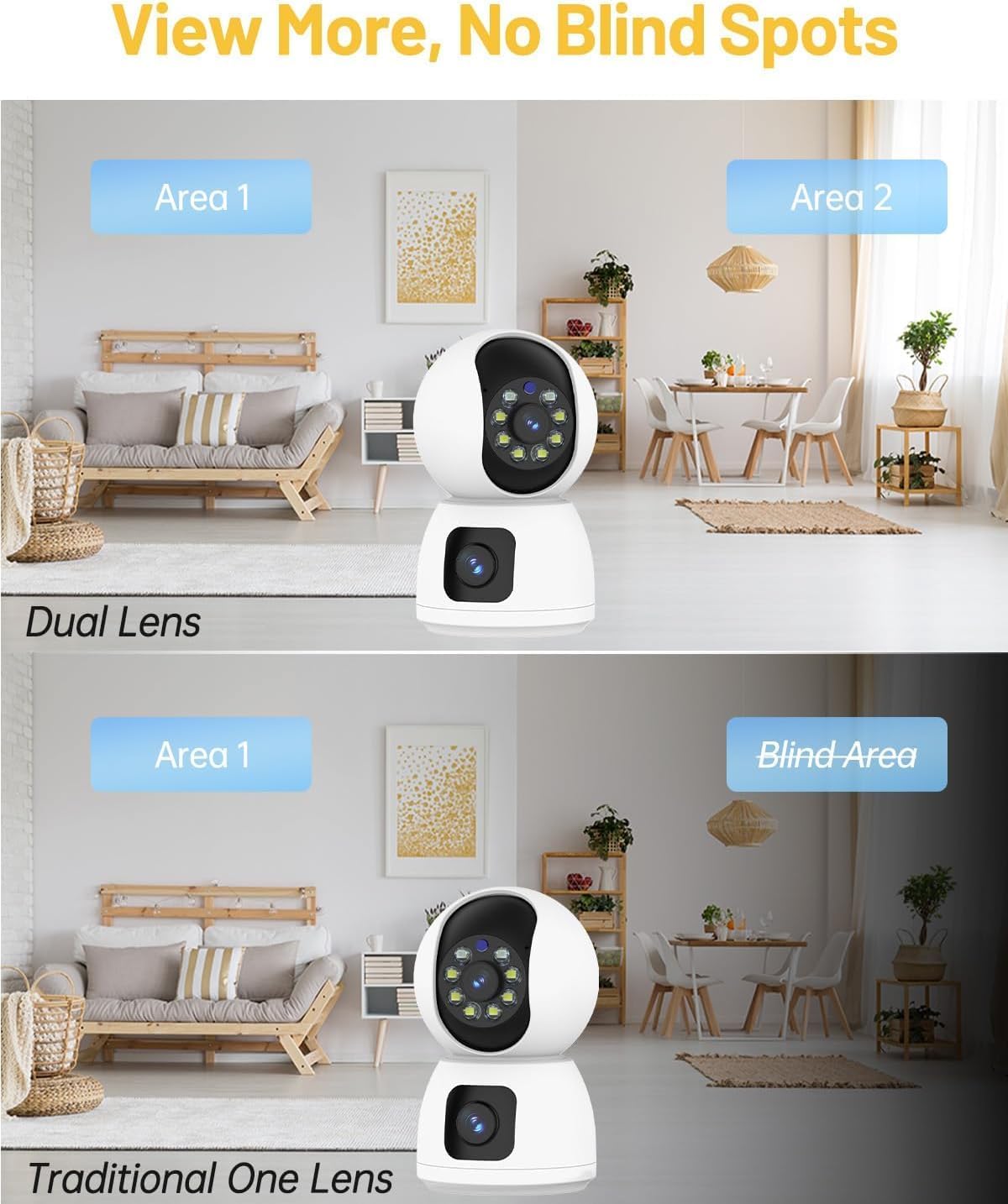 Indoor Security Camera Dual Lens, 2K Pan/Tilt Baby/Dog/Pet Camera with Phone app