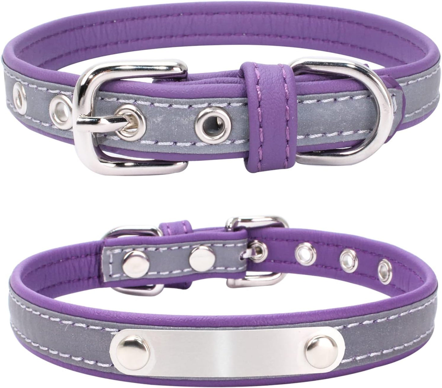 Yonsbox Custom Personalized Reflective Cat Dog Collar with Name Plate Engraved Cute Purple Puppy Kitten