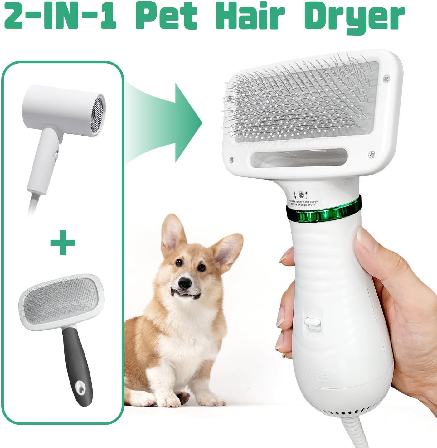Dog Hair Dryer, 2-in-1 Dog Blow Dryer with Slicker Brush, 300W Pet Hair Dryer