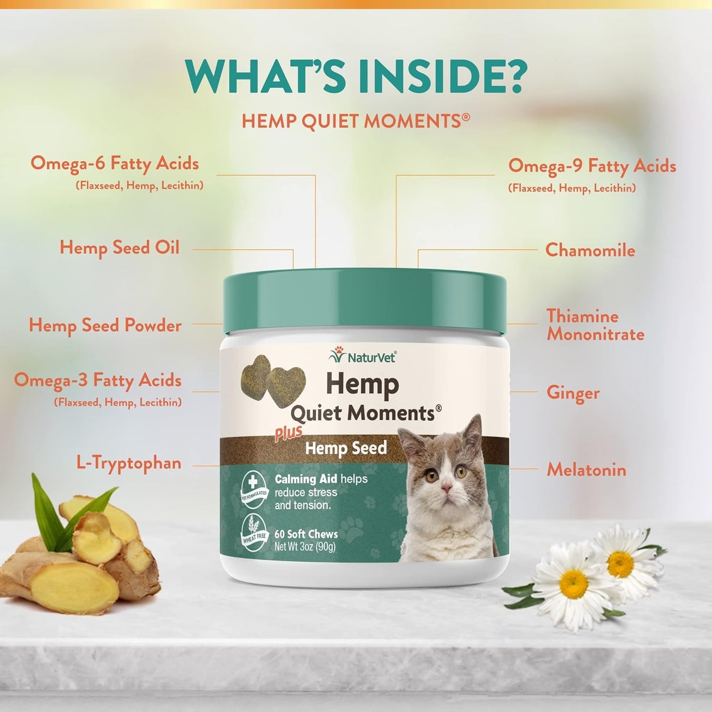 NaturVet Hemp Quiet Moments Plus Hemp Seed for Cats, 60 ct Soft Chews, Made in USA