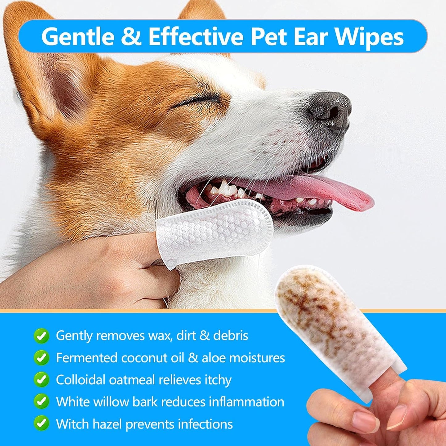 Dog Ear Finger Wipes, Dog and Cat's Ears Ear Cleaning Wipes, can Remove Dirt and Earwax,Wipes 60 Pieces