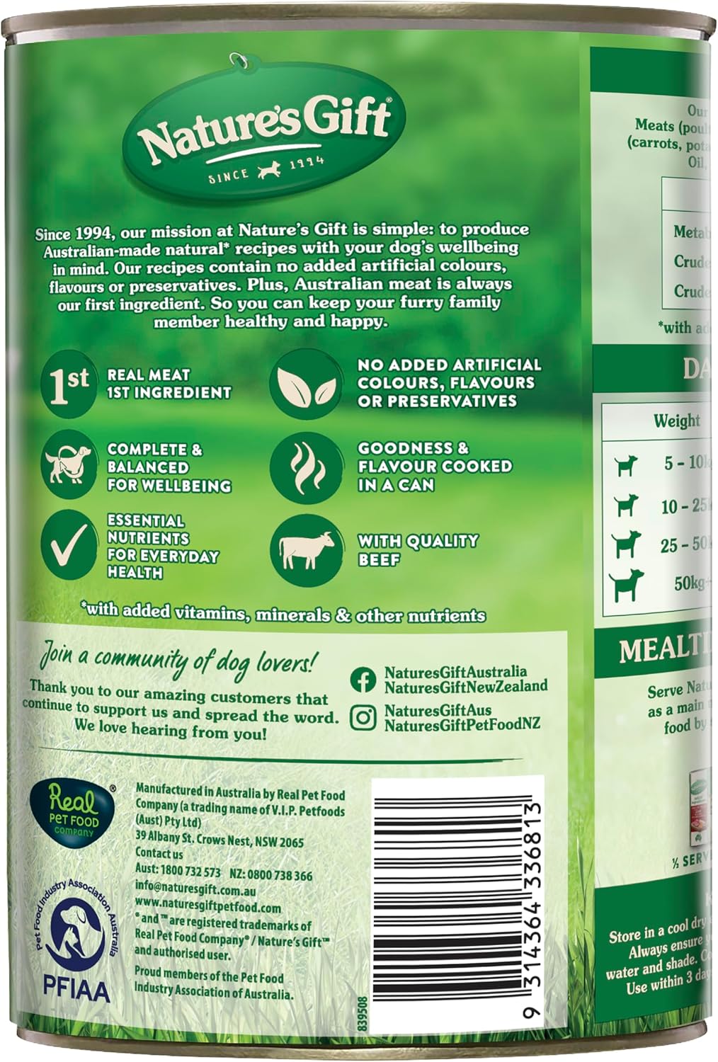 Nature's Gift Adult Wet Dog Food in Can, Loaf with Beef, Vegetables & Barley 6x1.2Kg