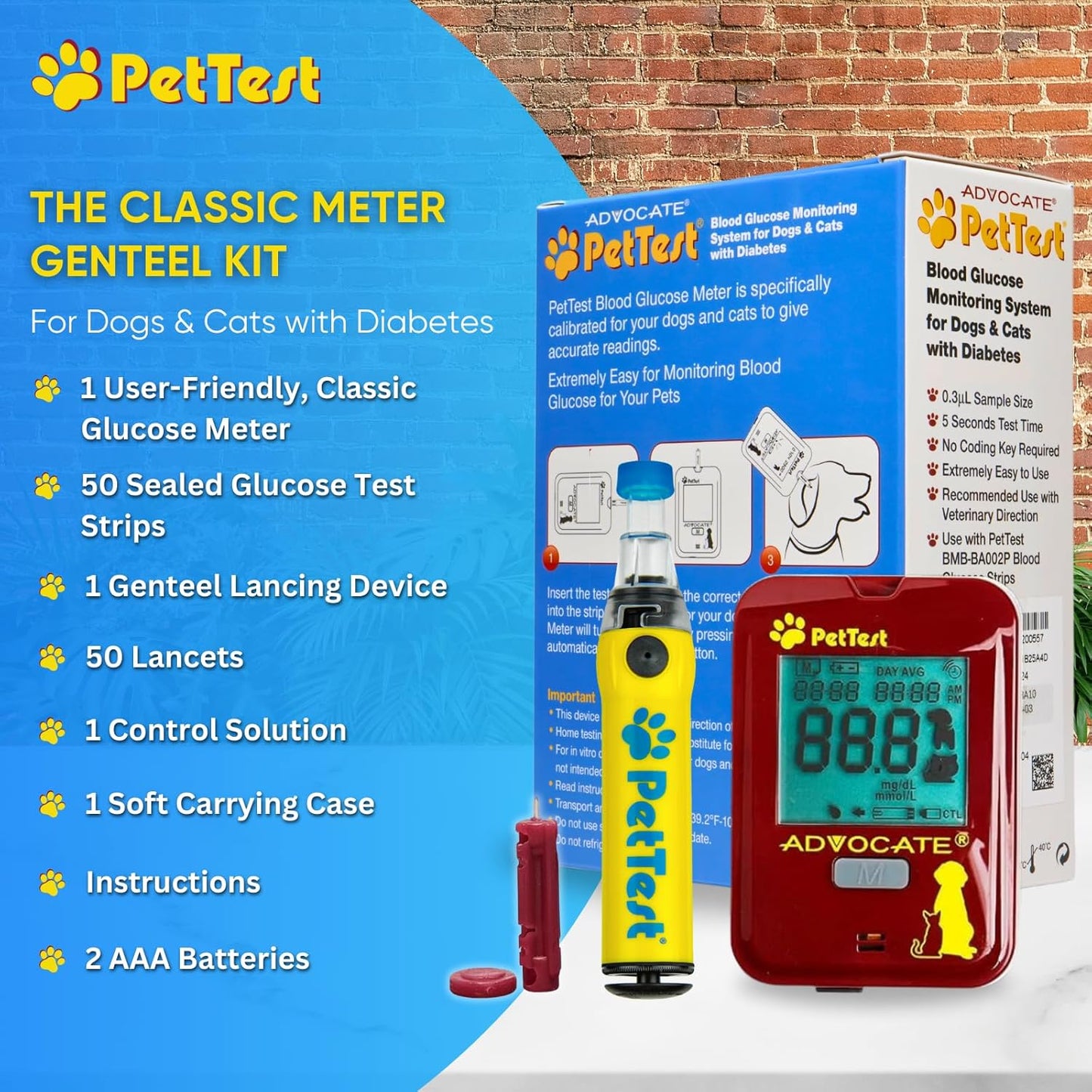 PetTest Painless Glucose Monitoring Kit for Dogs & Cats, Diabetic Pet Blood Sugar Check Gear, Includes Classic Meter, 50 Test Strips