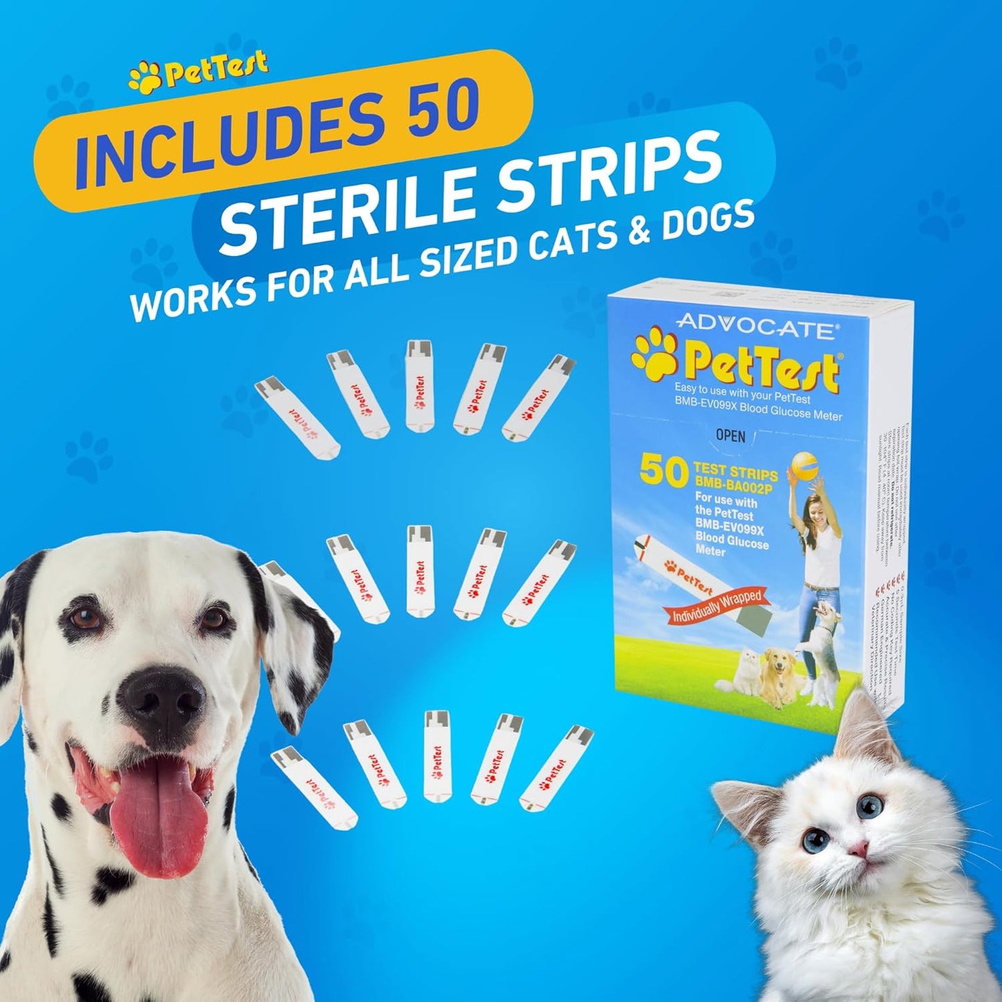 PetTest Blood Glucose Test Strips, Easy Open for Use with a Glucometer Monitor for Dogs & Cats, sterilized and Individually Sealed, 50 Pieces