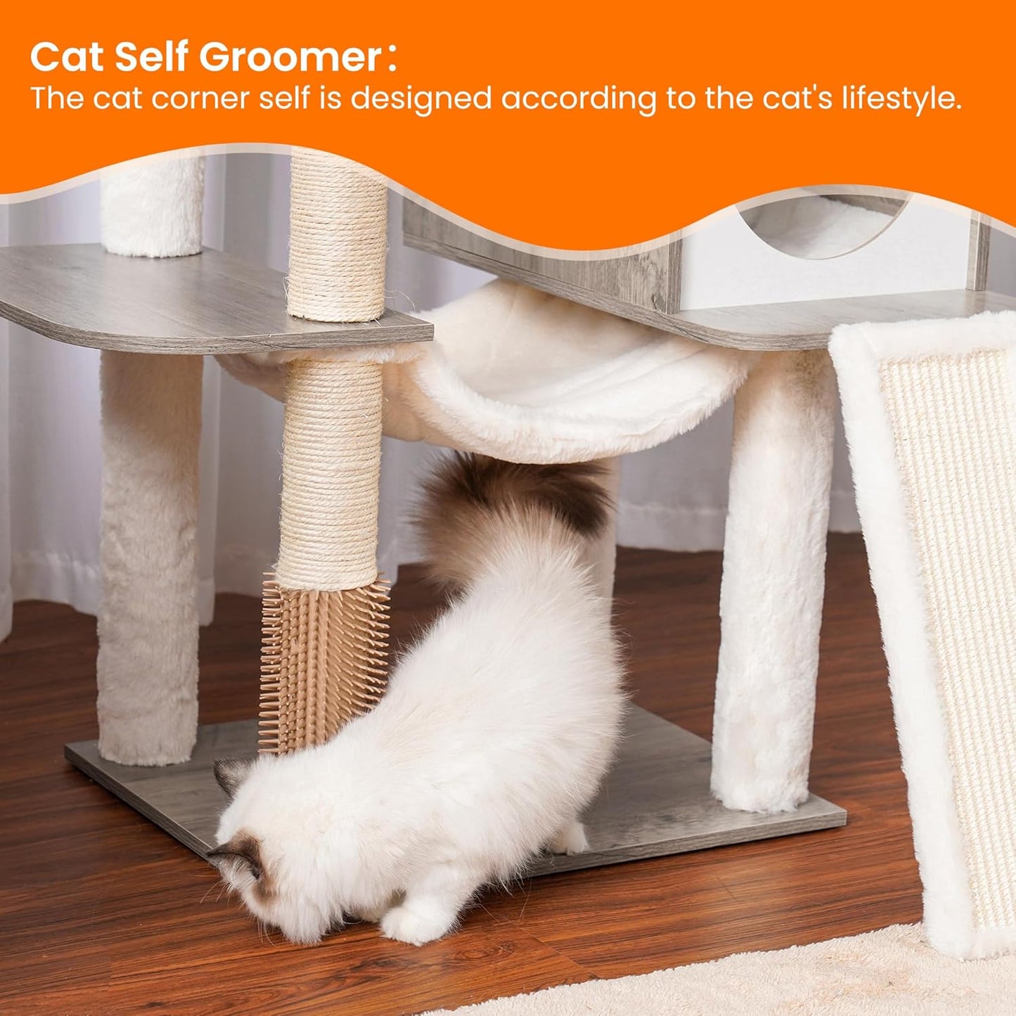 Heybly Wood Cat Tree for Indoor Cats, Cat Condo for Large Cats with Self Groomer