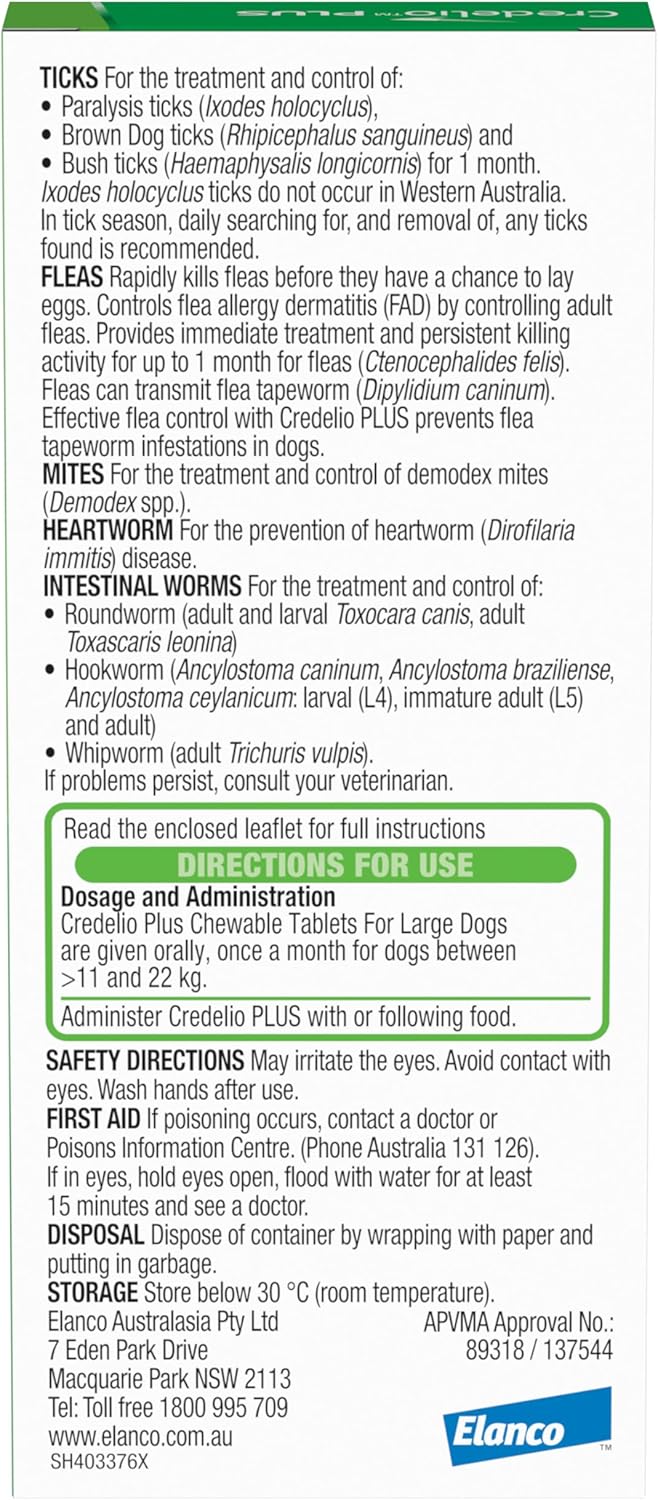 Credelio PLUS Dog Flea and Tick Treatment, Single Pack, Ticks, Fleas, Mites, Heartworm & Worms Parasite Protection, in The Smallest Monthly Chewable Tablet for Dogs > 11-22 kg, 1 Pack