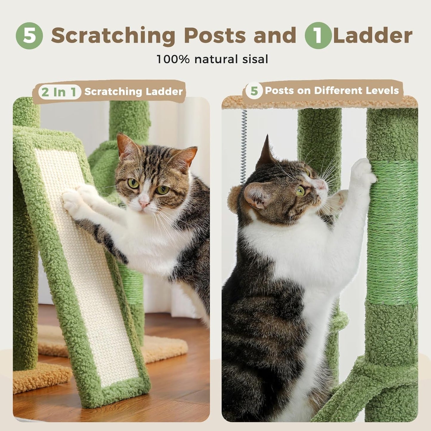 PAWZ Road Cactus Cat Tree Floor to Ceiling Tower with Adjustable Height(216-285cm), 7 Tiers Climbing Activity Center Cozy Hammocks, 5 Platforms and Scratching Posts for Indoor Cats, Green