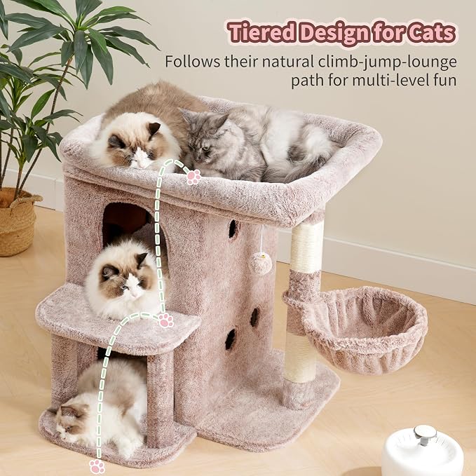 Heybly Cat Tree, 65cm Cat Tower with Spacious Top Perch for Large Cats, Stair-Style Cat House Furniture with Dual-Layer Condos, Sisal Scratching Posts, Cozy Basket & Pompom, Muchroom HCT204SMU