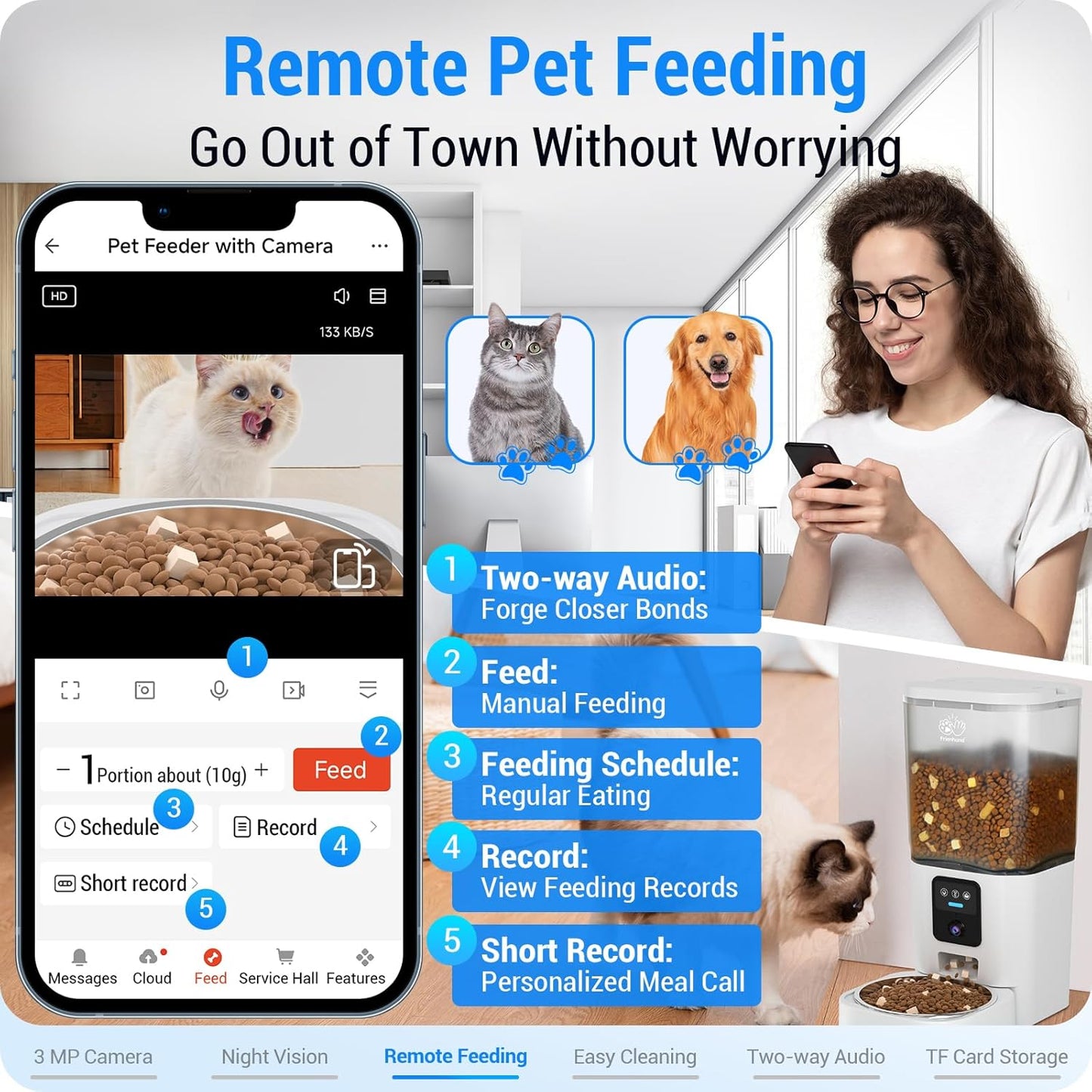 Frienhund Automatic Cat Feeder with 2K Camera: Automatic Dog Feeder with Night Vision, 7L