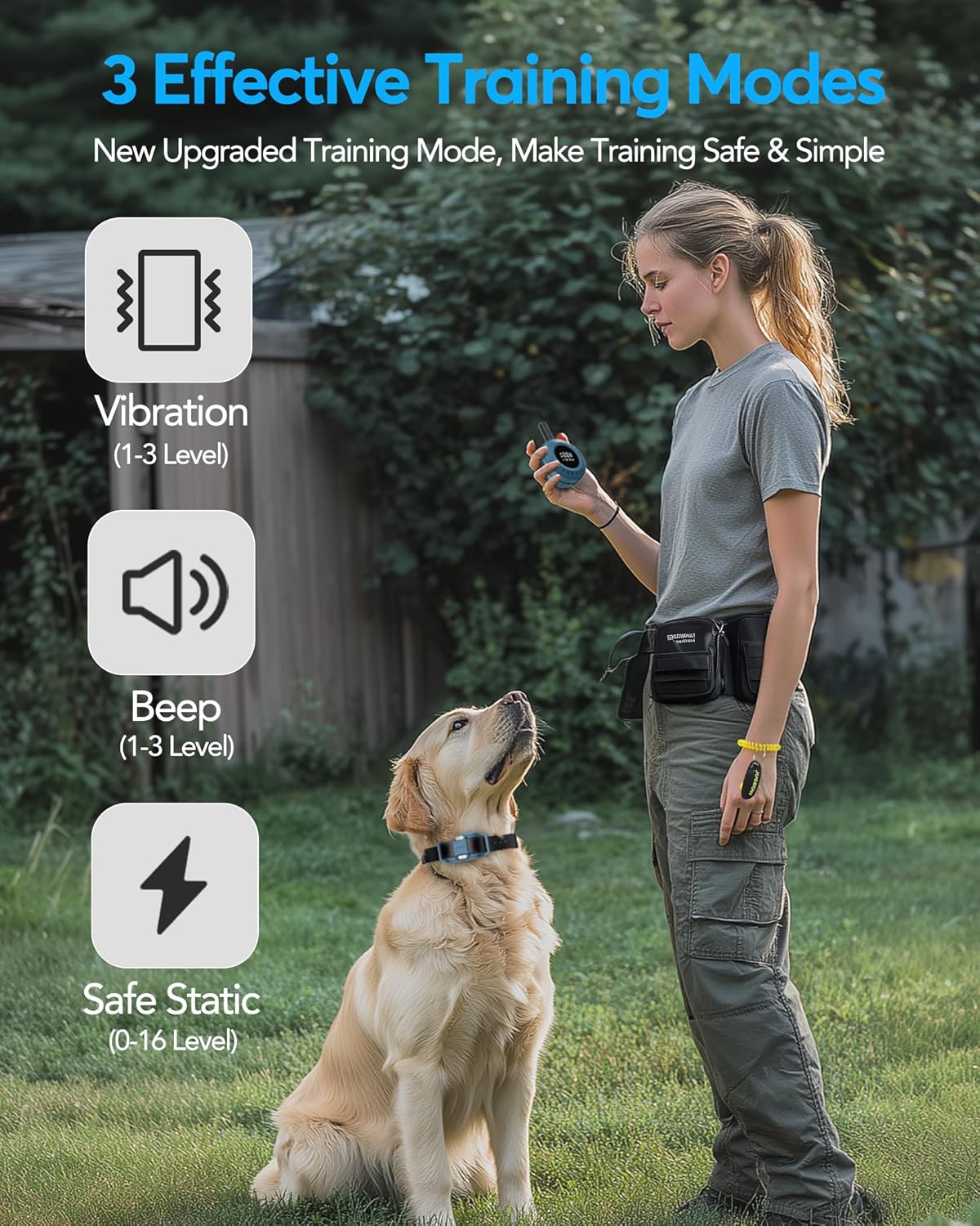 Jugbow Dog Training Collar - 3/4 Mile Remote Dog Collar with 3 Training Modes, Electric Collars with LED Light & Security Lock, IPX8 Waterproof Rechargeable E-Collar for Large Medium Small Dogs (Blue)