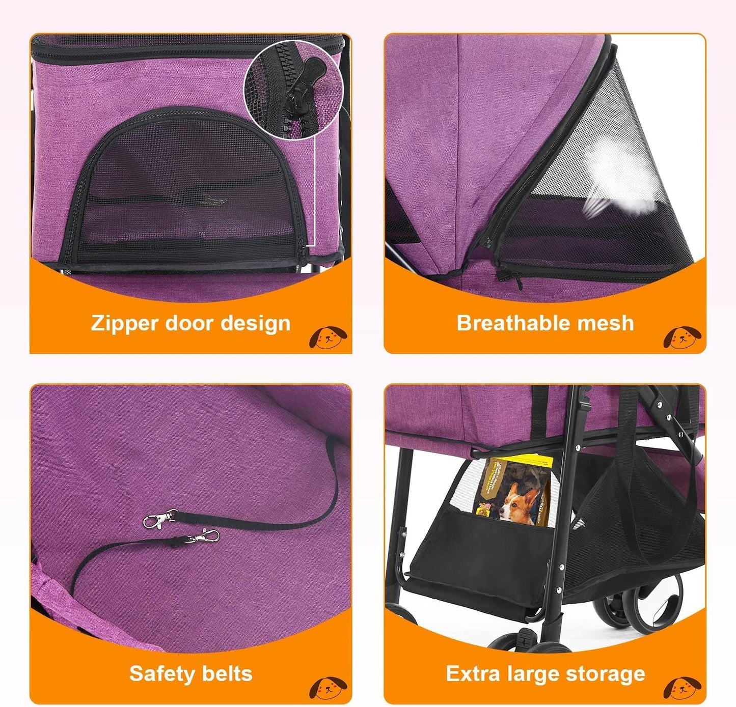 MINYII Pet Stroller Premium 3-in-1 Multifunction Jogger Stroller for Medium Small Dogs Cats Folding Lightweight for Travel with Detachable Carrier,98x65x45cm Portable Pet Stroller for Injured Pet Gift (Pink)