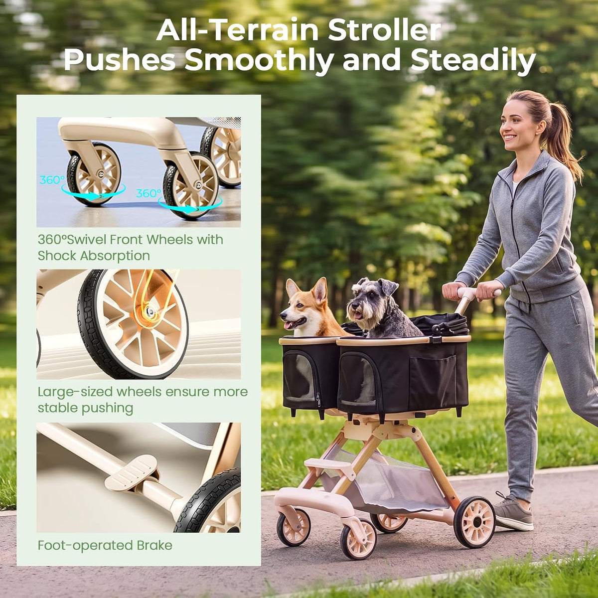 Double Pet Stroller with Detachable Carriers,Ideal for 2 Dogs or Cats,Small/Medium Pets,Black