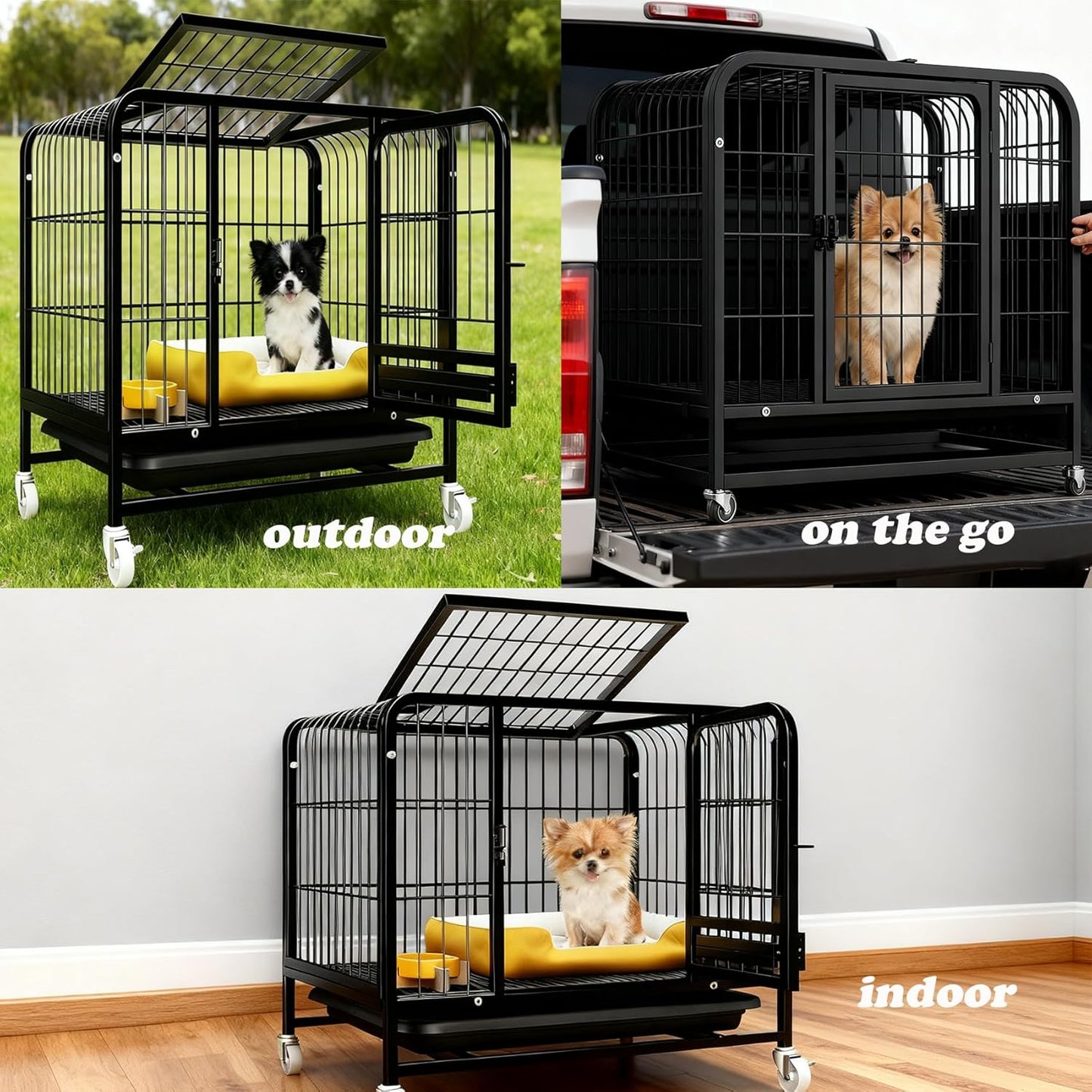 Dog Crate with Removable Tray, Large Dog Cage with Wheels, Double Door Kennel Black 77 * 51 * 71cm