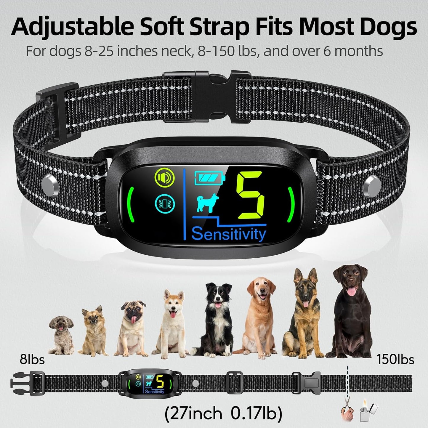 Dog Bark Collar for Large Medium Small Dogs, Rechargeable Smart Bark Collar, Anti Barking