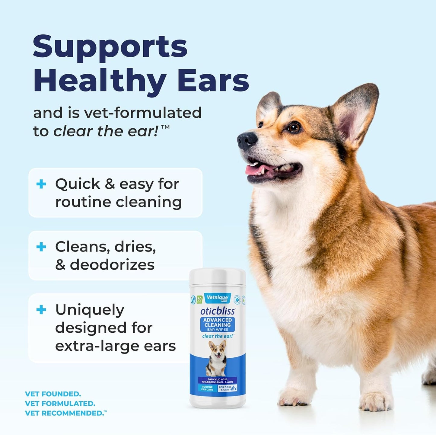Vetnique Oticbliss Advanced Cleaning Ear Wipes for Dogs for Odor Control (Ear Cleaning Wipes, Advanced Cleaning Large)