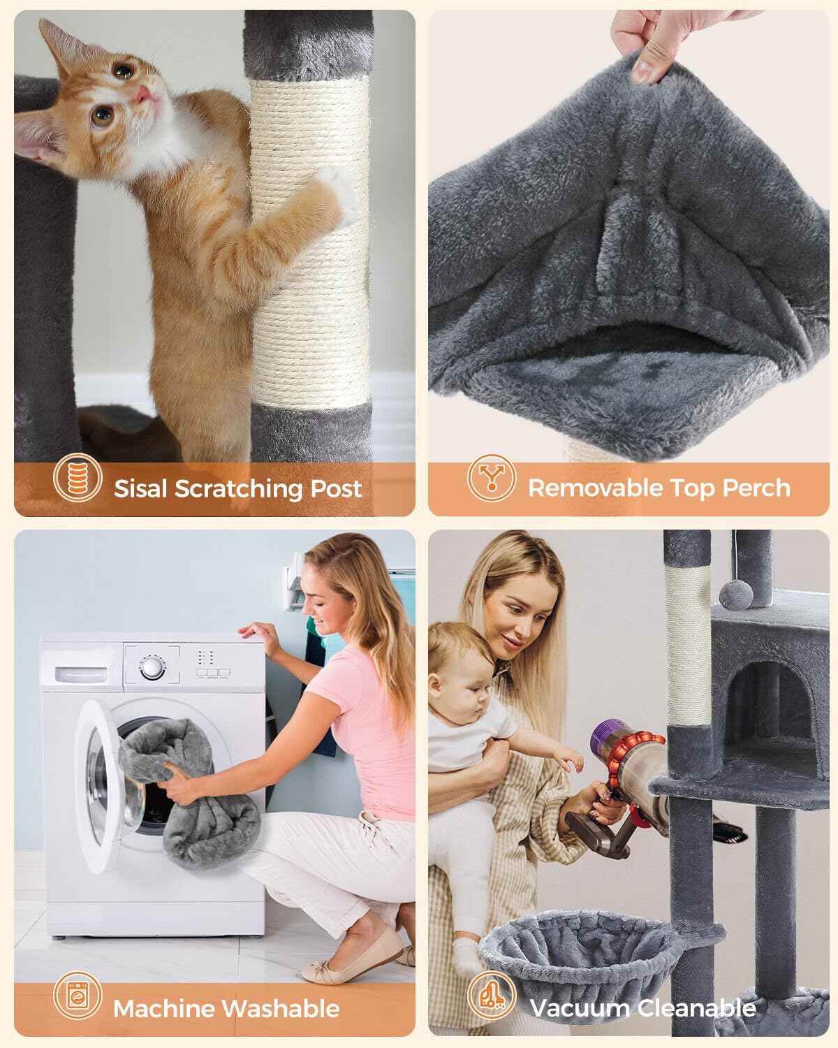 PAWZ Road Multi-Level Cat Tree 175cm With Super Large Hammock (50 * 40cm), Tall Cat Tower for Large Cats With Scratching Posts, Cat Condo and Top Perch Dark Grey