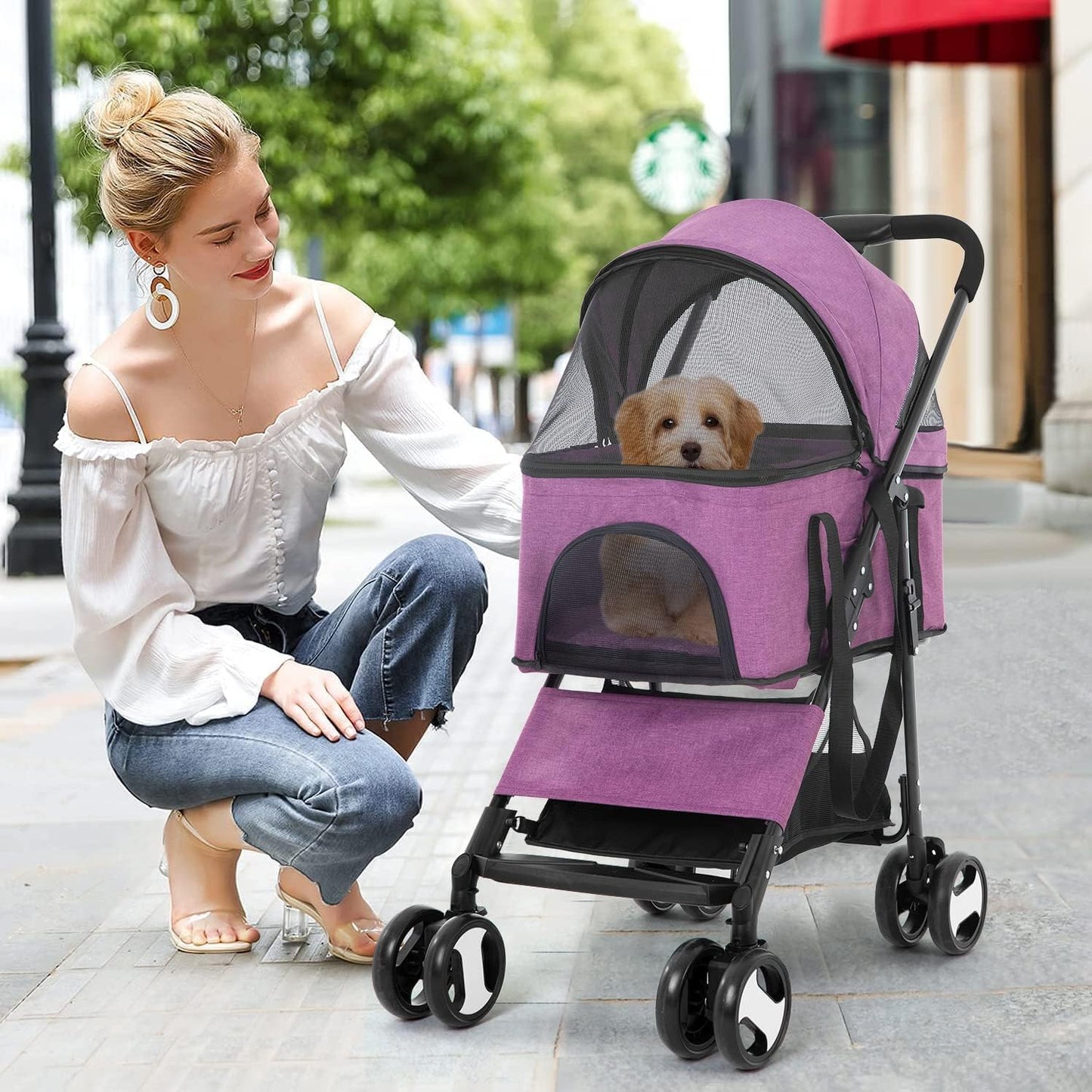 MINYII Pet Stroller Premium 3-in-1 Multifunction Jogger Stroller for Medium Small Dogs Cats Folding Lightweight for Travel with Detachable Carrier,98x65x45cm Portable Pet Stroller for Injured Pet Gift (Pink)