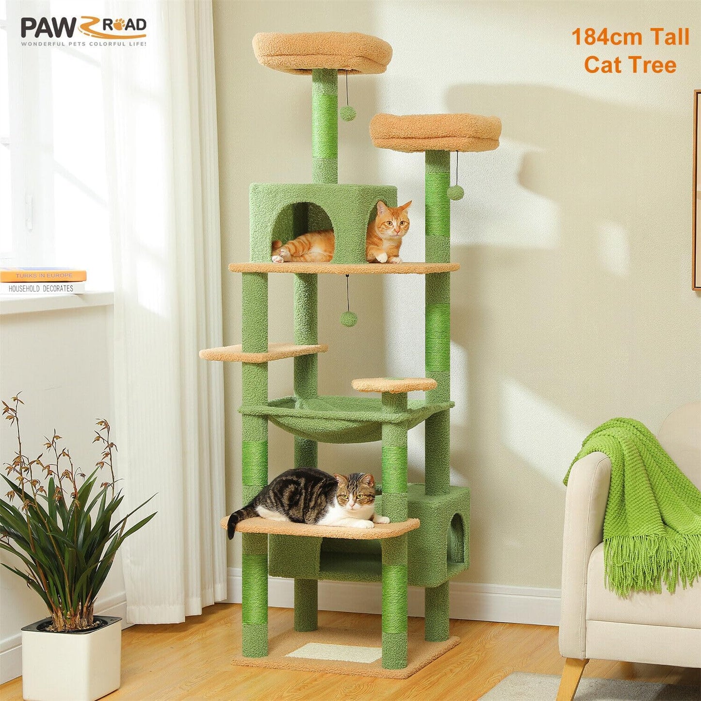 PAWZ Road 184cm Cat Tree with Sisal-Covered Scratching Posts and Pads, Cat Tower for Large Cats with Spacious Hammock, Dual Condos and 2 Padded Perches Green