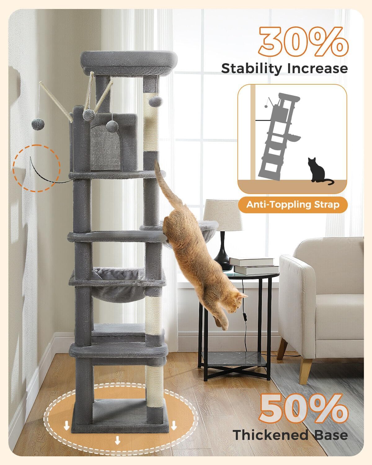 PAWZ Road Multi-Level Cat Tree 175cm With Super Large Hammock (50 * 40cm), Tall Cat Tower for Large Cats With Scratching Posts, Cat Condo and Top Perch Dark Grey