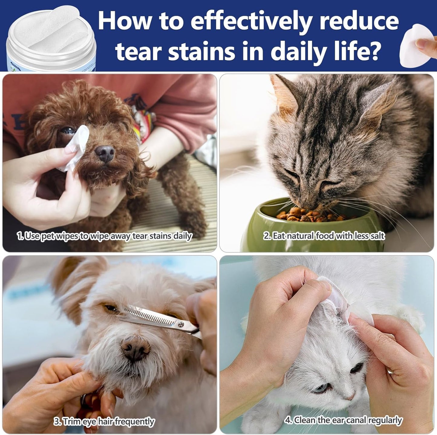 Pet Gentle Teeth Wipes, 60 Pcs Universal Cat & Dog Grooming Wipes, Natural and Safe for Removing Dirt Crust and Discharge, Hypoallergenic for Teeth, Ear, Nose