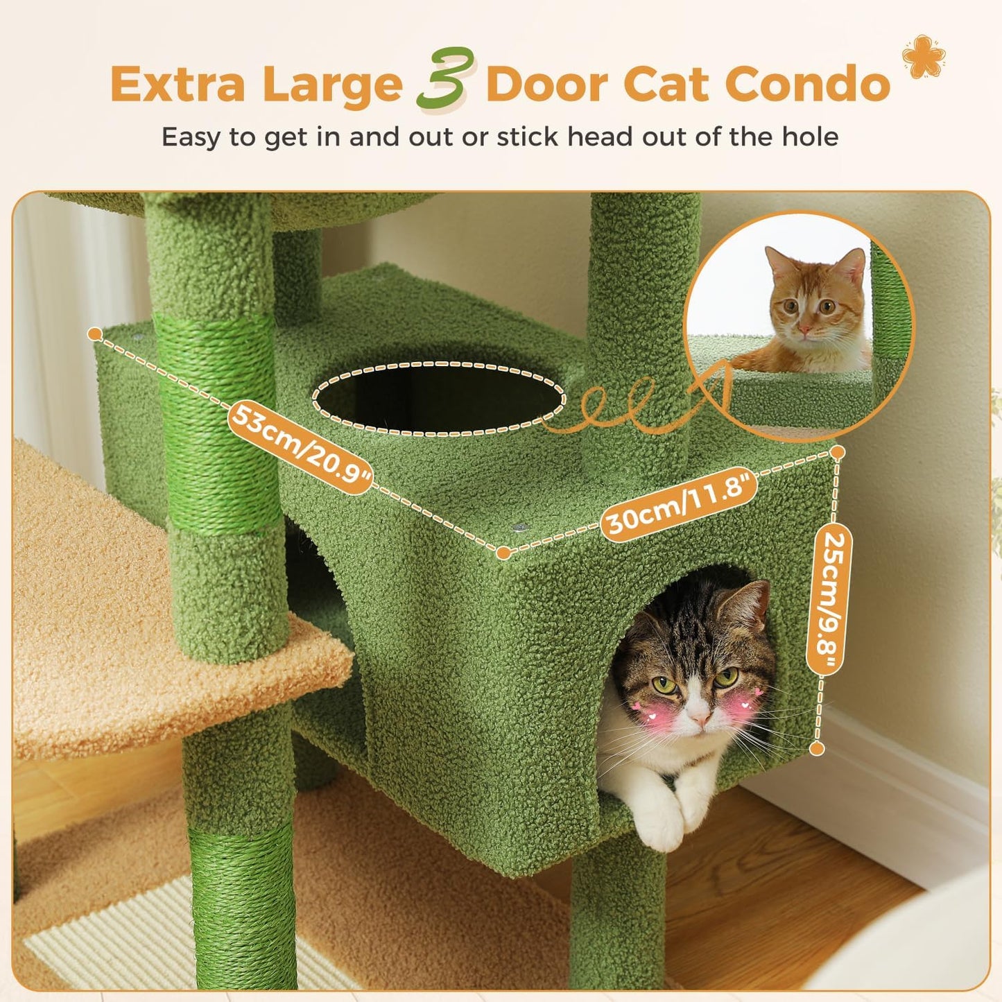 PAWZ Road 184cm Cat Tree with Sisal-Covered Scratching Posts and Pads, Cat Tower for Large Cats with Spacious Hammock, Dual Condos and 2 Padded Perches Green